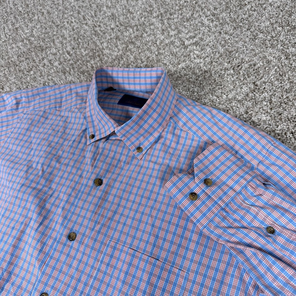 David Donahue Shirt Mens L Blue Orange Plaid Button-Down Long Sleeve Cotton